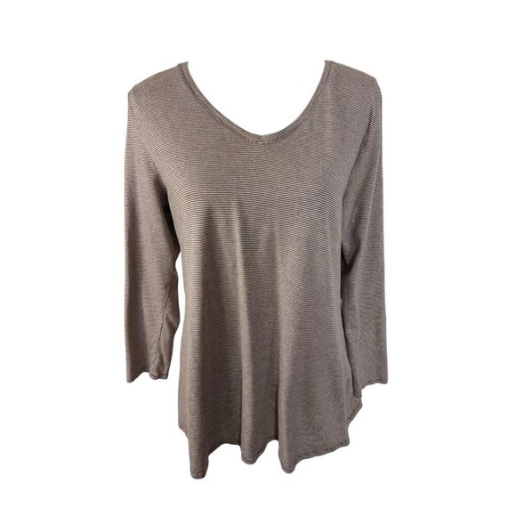 J Jill Pure Jill Women's L Petite Sheared Back Striped Knit Tee Top Brown - Picture 1 of 12